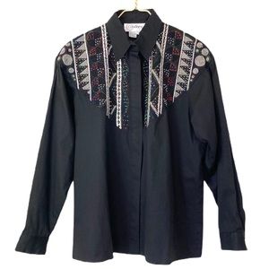Vintage Black Button Down Shirt with Embroidered Details